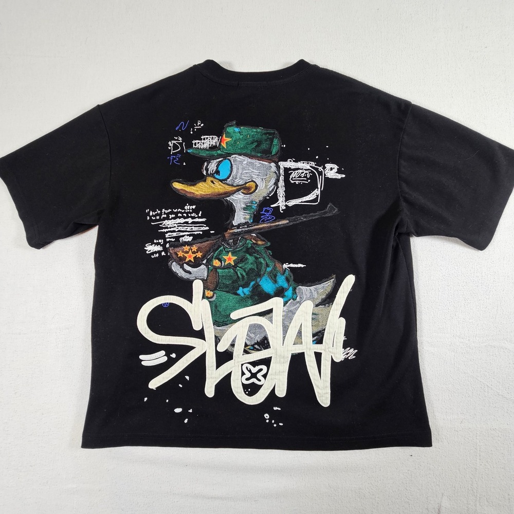 Black Label Graphic T-Shirt Mens Large Black SLAW Duck Military Streetwear Tee